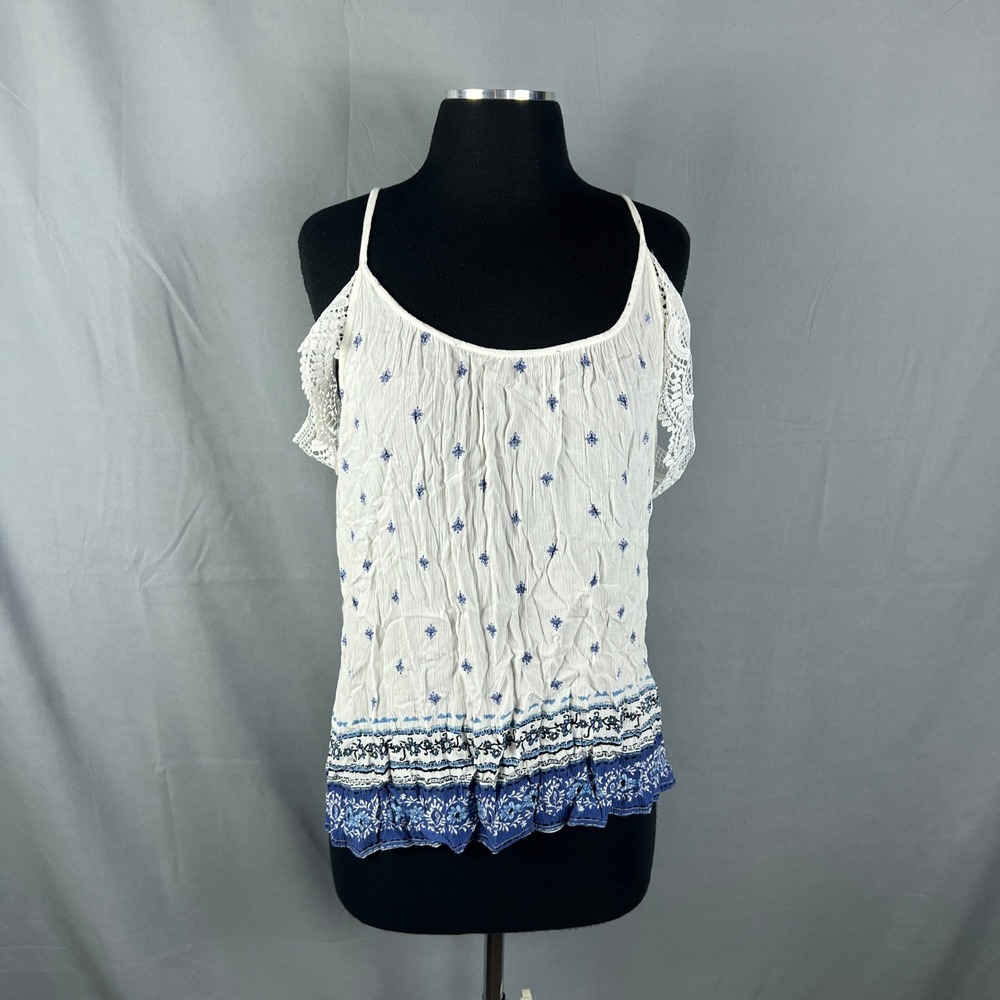Charlotte Russe Cold Shoulder Top Womens Large Blue White Floral Crochet Lace